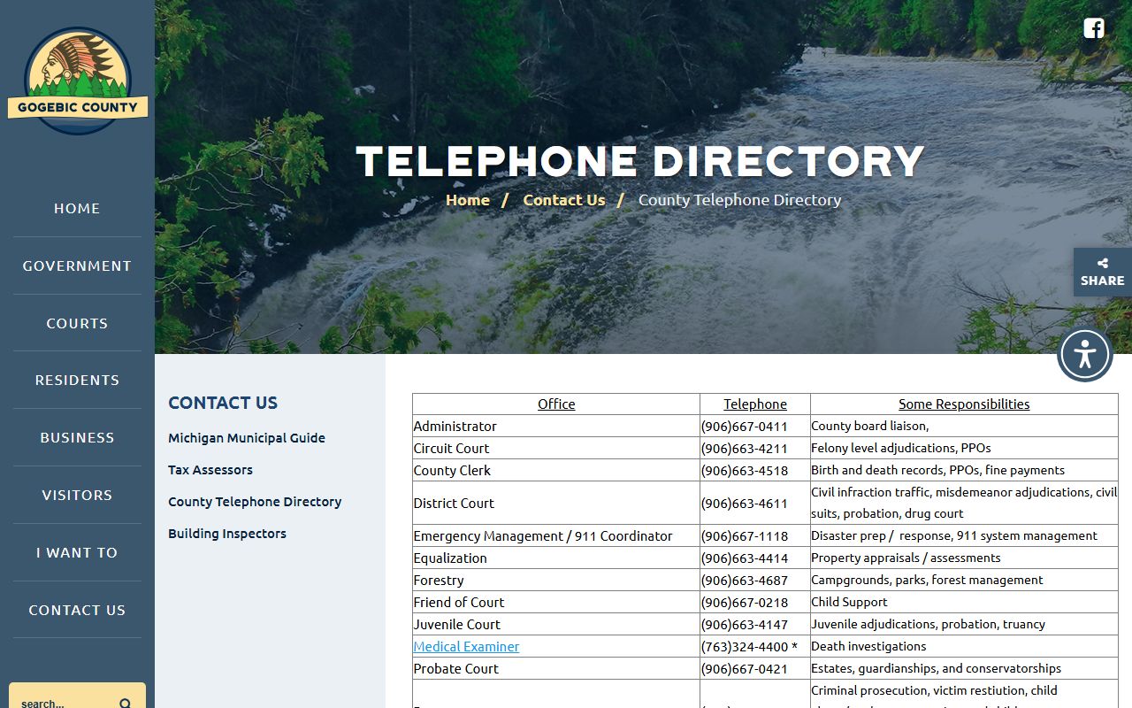 Gogebic County telephone directory of court and clerk offices