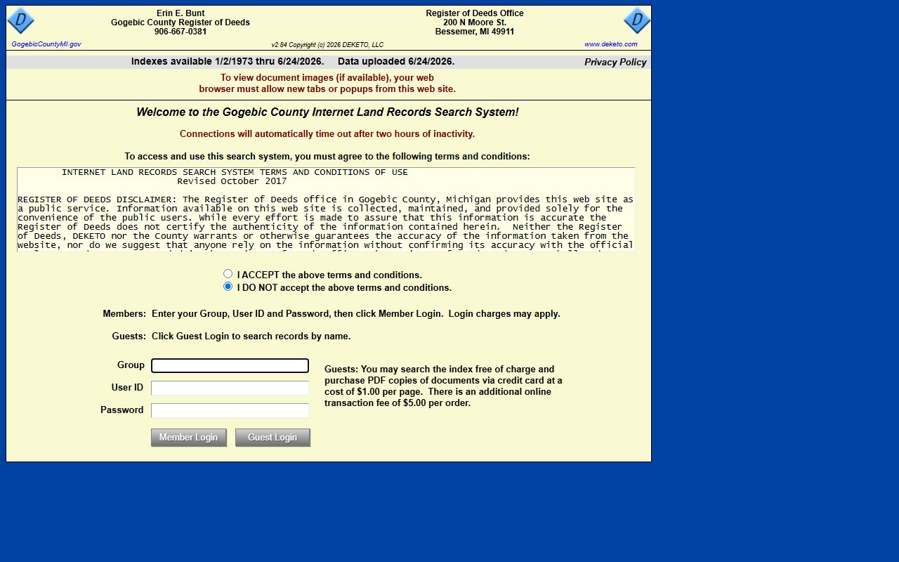 Gogebic County register of deeds land records search portal