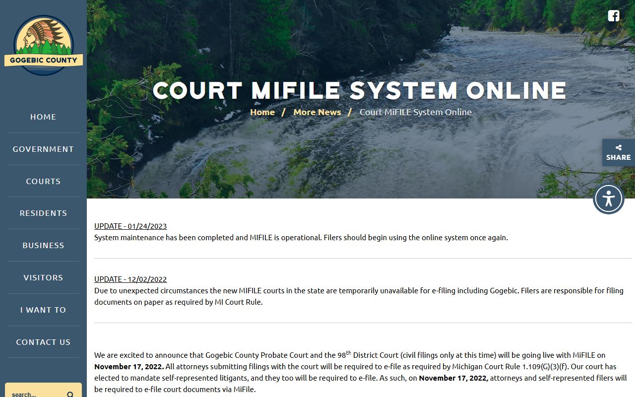 Gogebic County court dockets MiFILE e-filing notice