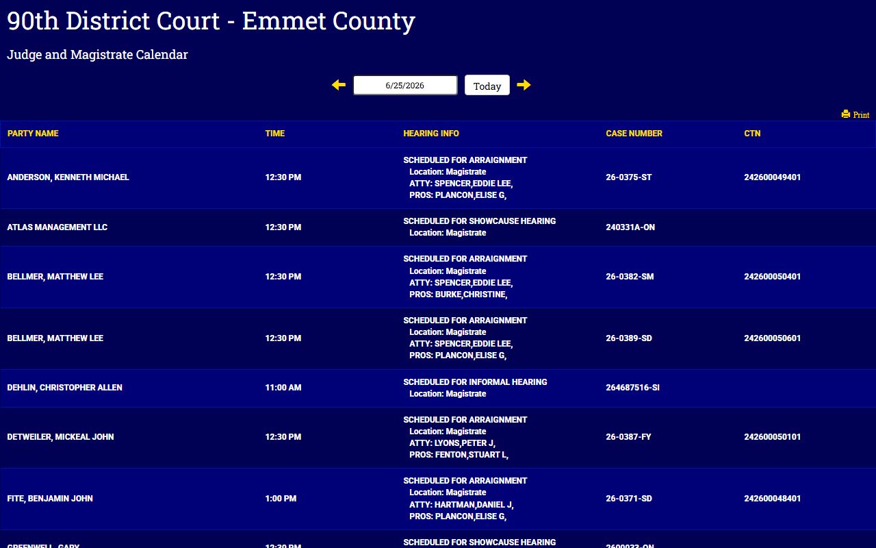 Gogebic County court dockets sample calendar record