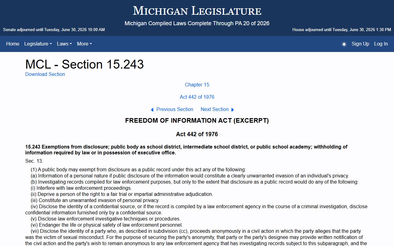 Gogebic County court records Michigan FOIA exemptions statute page