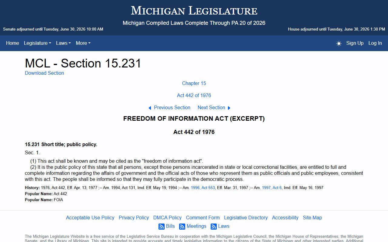 Gogebic County court records Michigan FOIA public policy statute page