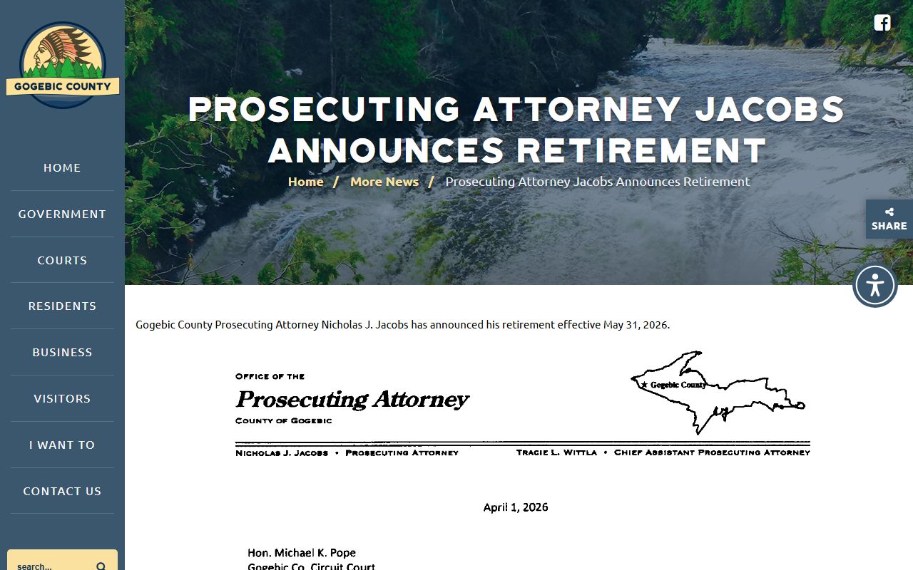 Gogebic County criminal court records prosecutor retirement notice