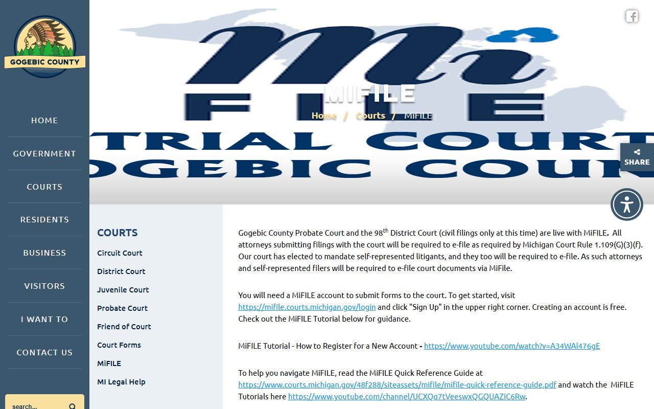 Gogebic County court records e-filing through the MiFILE landing page