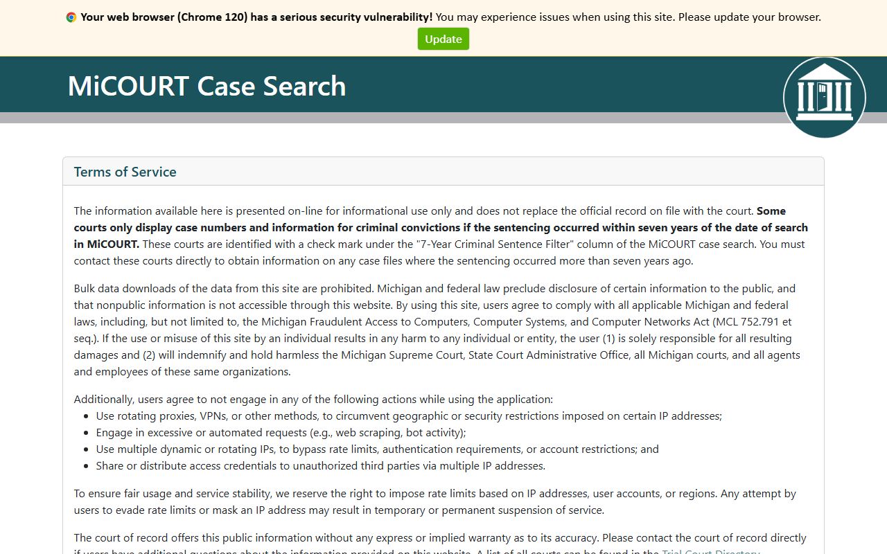 Gogebic County court records search on the Michigan case search site