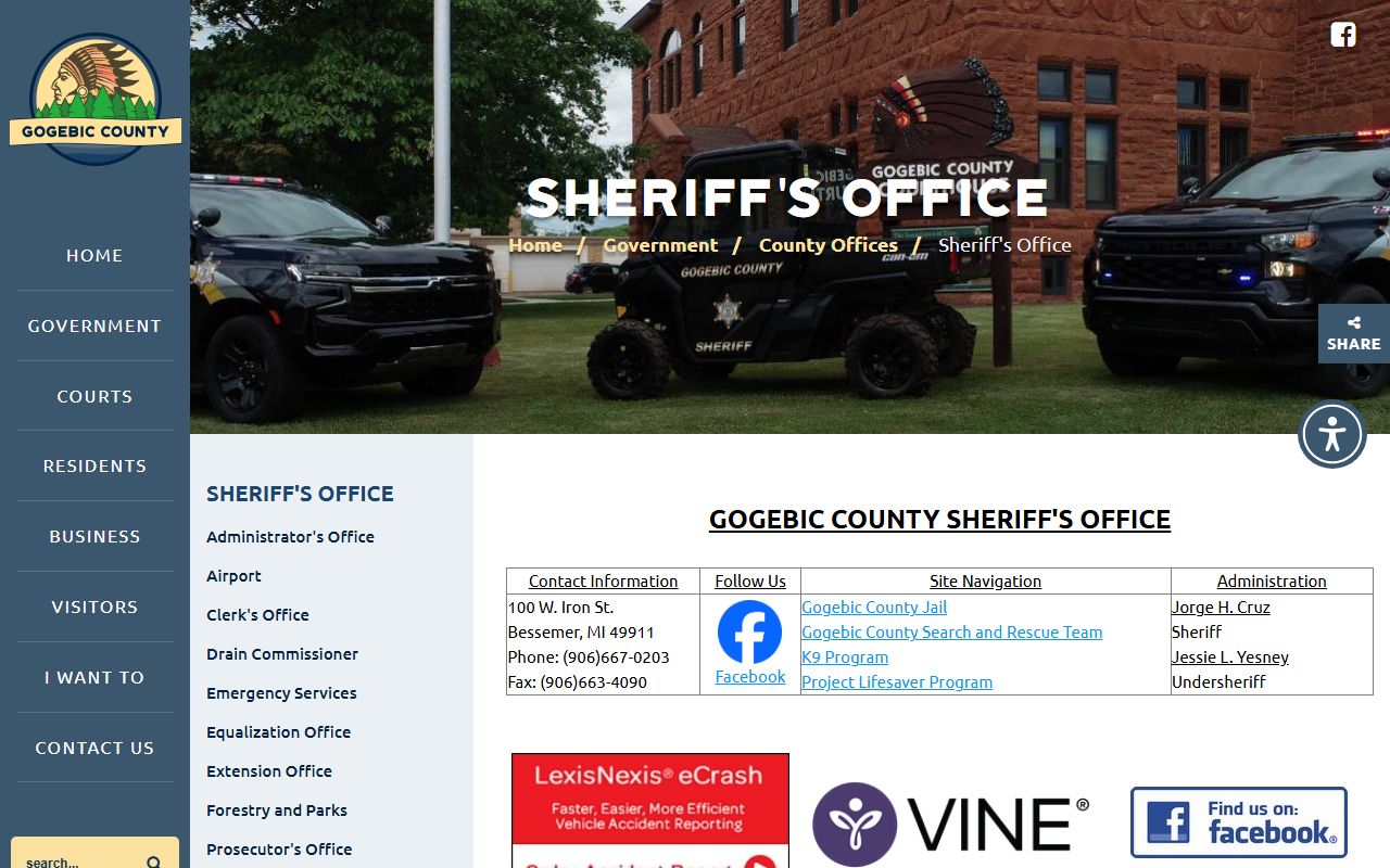 Gogebic County Sheriff's Office inmate records page